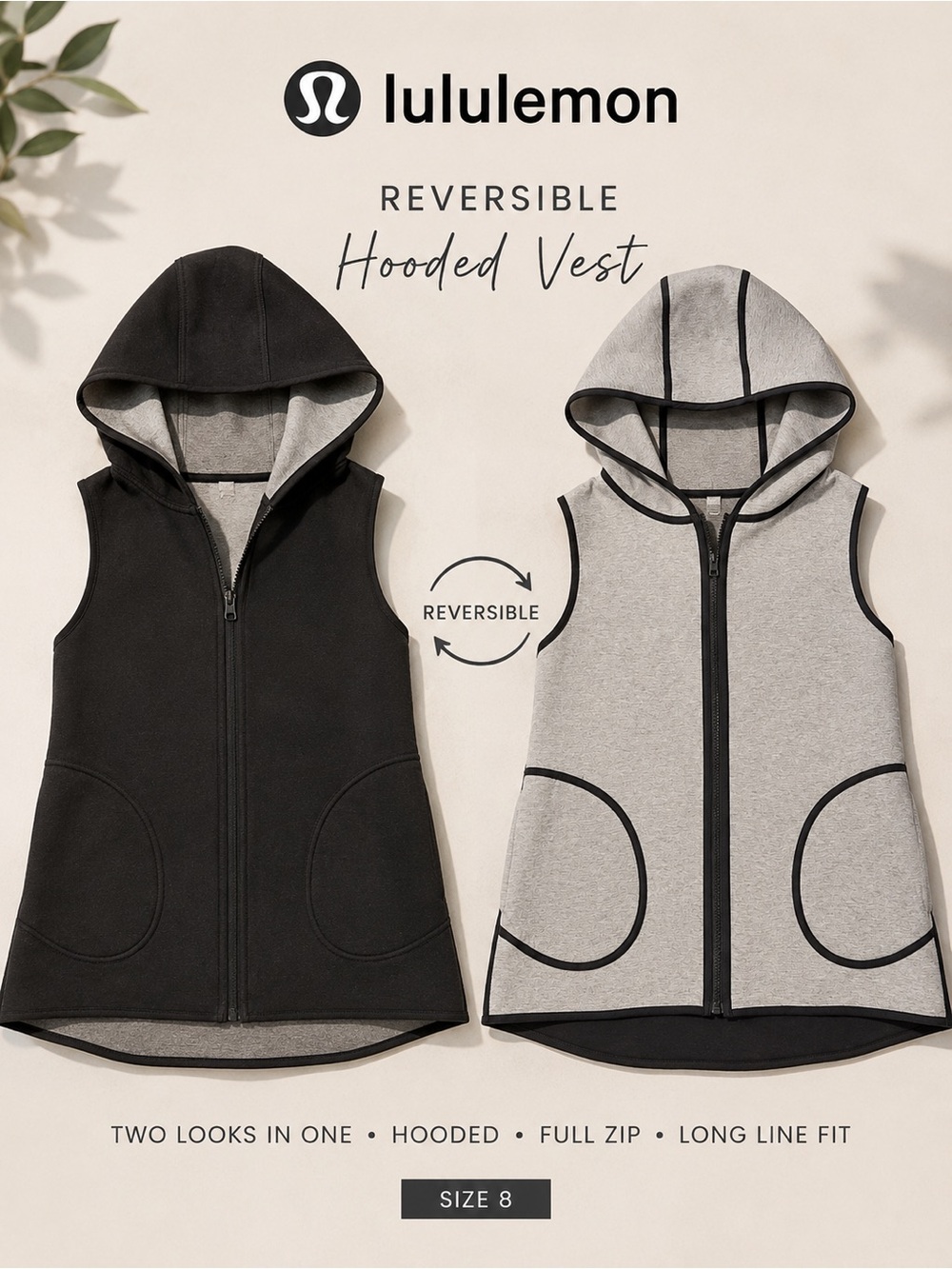RARE Lululemon Reversible Hooded Vest Size 8 Black Gray Scuba Longline Jacket